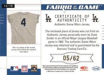 2003 Leaf Certified Materials - Fabric of the Game Jersey Year #FG-18 Duke Snider Back