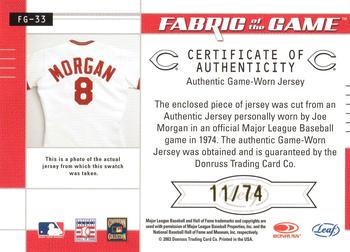 2003 Leaf Certified Materials - Fabric of the Game Jersey Year #FG-33 Joe Morgan Back