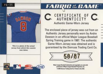 2003 Leaf Certified Materials - Fabric of the Game Jersey Year #FG-35 Andre Dawson Back
