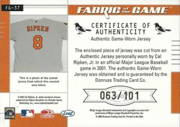 2003 Leaf Certified Materials - Fabric of the Game Jersey Year #FG-37 Cal Ripken Jr. Back