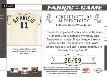 2003 Leaf Certified Materials - Fabric of the Game Jersey Year #FG-43 Luis Aparicio Back