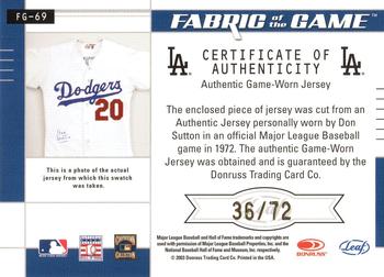 2003 Leaf Certified Materials - Fabric of the Game Jersey Year #FG-69 Don Sutton Back