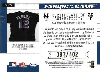 2003 Leaf Certified Materials - Fabric of the Game Jersey Year #FG-74 Roberto Alomar Back