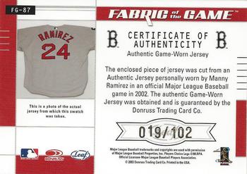 2003 Leaf Certified Materials - Fabric of the Game Jersey Year #FG-87 Manny Ramirez Back