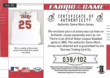 2003 Leaf Certified Materials - Fabric of the Game Jersey Year #FG-92 Jim Thome Back