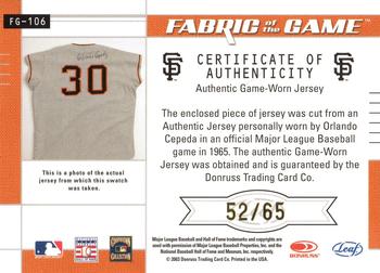 2003 Leaf Certified Materials - Fabric of the Game Jersey Year #FG-106 Orlando Cepeda Back