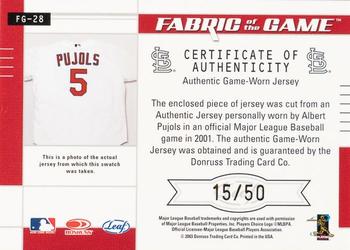 2003 Leaf Certified Materials - Fabric of the Game Position #FG-28 Albert Pujols Back