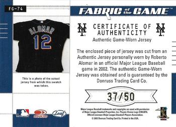2003 Leaf Certified Materials - Fabric of the Game Position #FG-74 Roberto Alomar Back