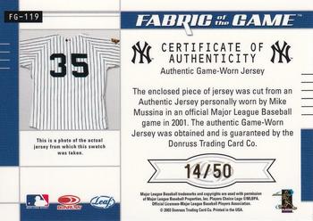 2003 Leaf Certified Materials - Fabric of the Game Position #FG-119 Mike Mussina Back