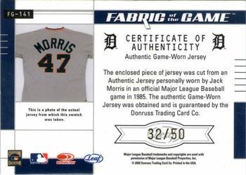 2003 Leaf Certified Materials - Fabric of the Game Position #FG-141 Jack Morris Back