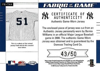 2003 Leaf Certified Materials - Fabric of the Game Position #FG-144 Bernie Williams Back