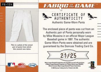 2003 Leaf Certified Materials - Fabric of the Game Inscription #FG-124 Mike Mussina Back