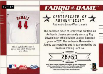 2003 Leaf Certified Materials - Fabric of the Game Inscription #FG-137 Roy Oswalt Back