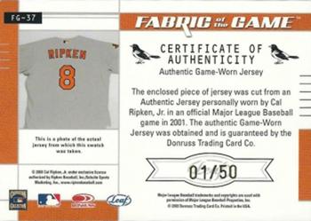 2003 Leaf Certified Materials - Fabric of the Game Inscription Autographs #FG-37 Cal Ripken Jr. Back