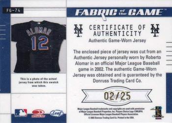 2003 Leaf Certified Materials - Fabric of the Game Inscription Autographs #FG-74 Roberto Alomar Back