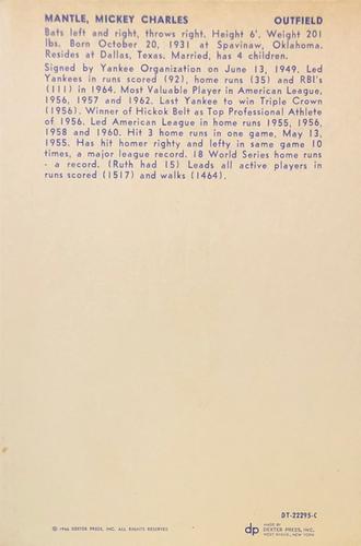 1966 Dexter Press New York Yankees #DT-22295-C Mickey Mantle Back
