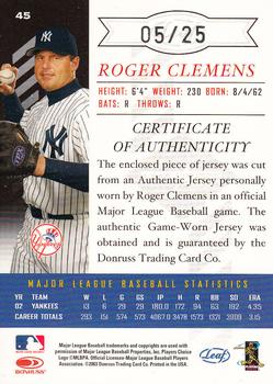 2003 Leaf Limited - Threads Position #45 Roger Clemens Back