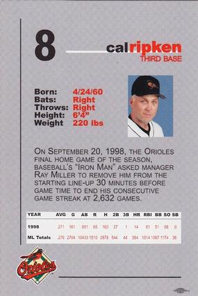 1999 Baltimore Orioles SGA Photocards #NNO Cal Ripken Back