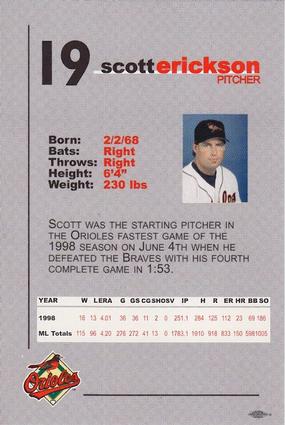 1999 Baltimore Orioles SGA Photocards #NNO Scott Erickson Back