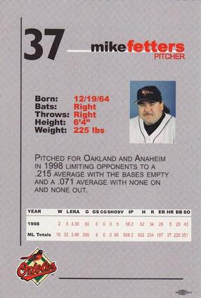 1999 Baltimore Orioles SGA Photocards #NNO Mike Fetters Back
