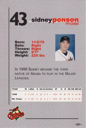 1999 Baltimore Orioles SGA Photocards #NNO Sidney Ponson Back