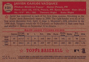 2001 Topps Heritage #121 Javier Vazquez Back
