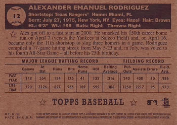 2001 Topps Heritage #12 Alex Rodriguez Back