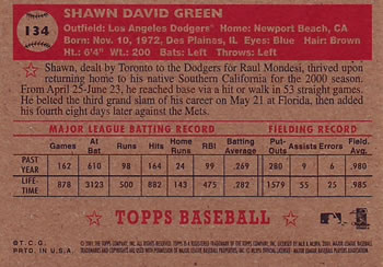 2001 Topps Heritage #134 Shawn Green Back