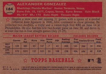 2001 Topps Heritage #164 Alex Gonzalez Back