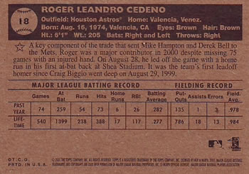 2001 Topps Heritage #18 Roger Cedeno Back