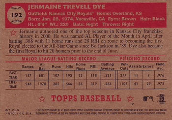 2001 Topps Heritage #192 Jermaine Dye Back