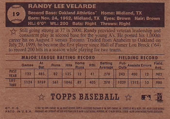 2001 Topps Heritage #19 Randy Velarde Back