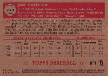 2001 Topps Heritage #258 Jose Canseco Back