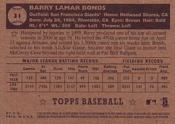 2001 Topps Heritage #31 Barry Bonds Back