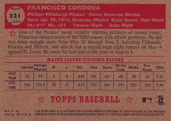 2001 Topps Heritage #321 Francisco Cordova Back