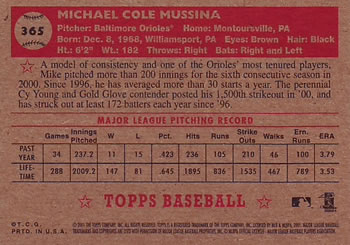 2001 Topps Heritage #365 Mike Mussina Back