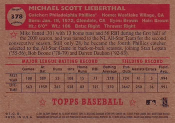 2001 Topps Heritage #378 Mike Lieberthal Back