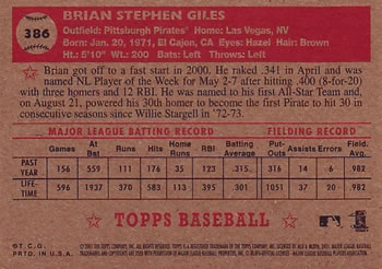 2001 Topps Heritage #386 Brian Giles Back