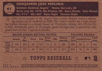 2001 Topps Heritage #61 Bengie Molina Back
