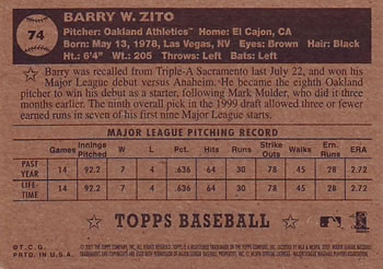 2001 Topps Heritage #74 Barry Zito Back