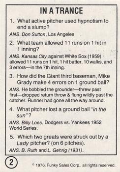 1976 Funky Sales Corp Funky Facts Baseball #2 In a Trance Back