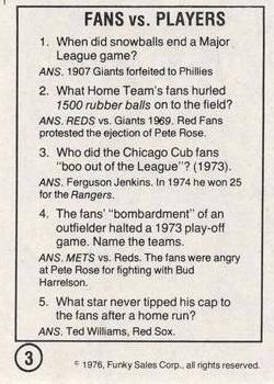 1976 Funky Sales Corp Funky Facts Baseball #3 Fans vs. Players Back