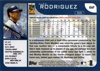 2001 Topps Opening Day #62 Alex Rodriguez Back