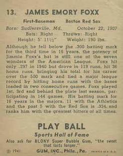 1941 Play Ball #13 Jimmie Foxx Back