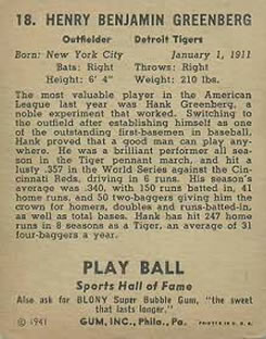 1941 Play Ball #18 Hank Greenberg Back