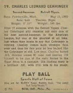 1941 Play Ball #19 Charlie Gehringer Back