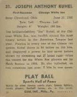 1941 Play Ball #31 Joe Kuhel Back