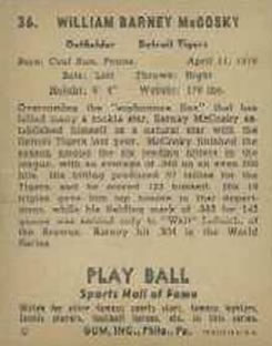 1941 Play Ball #36 Barney McCosky Back