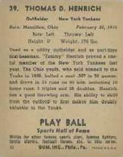 1941 Play Ball #39 Tommy Henrich Back