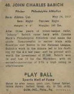 1941 Play Ball #40 Johnny Babich Back